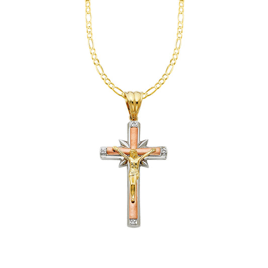 14k Tri-tone Gold Cubic Zirconia Crucifix Cross Pendant with 2.3mm Figaro Chain