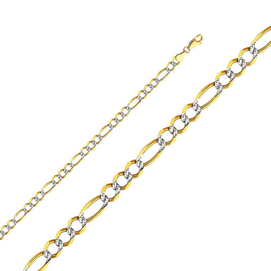 14k Two-tone Gold 4.7-mm Open Light White Pave 3+1 Figaro Chain 7.5 inch Bracelet