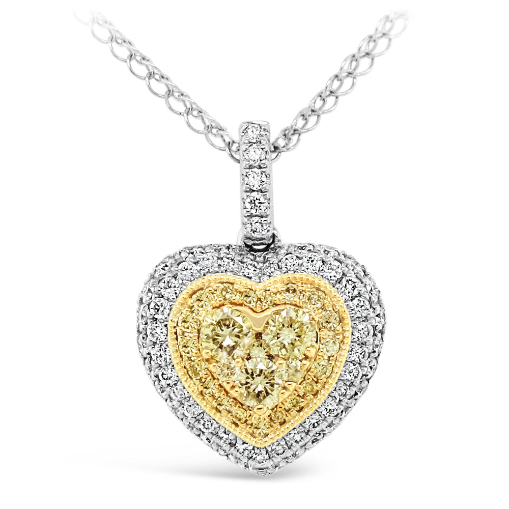 18k Two-tone Gold 5/8ct Fancy Yellow and White Diamond Heart Cluster Pendant Necklace