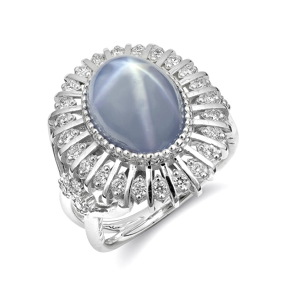 14k White Gold 10.47ct TGW Gray-Blue Star Sapphire and White Diamond Ring