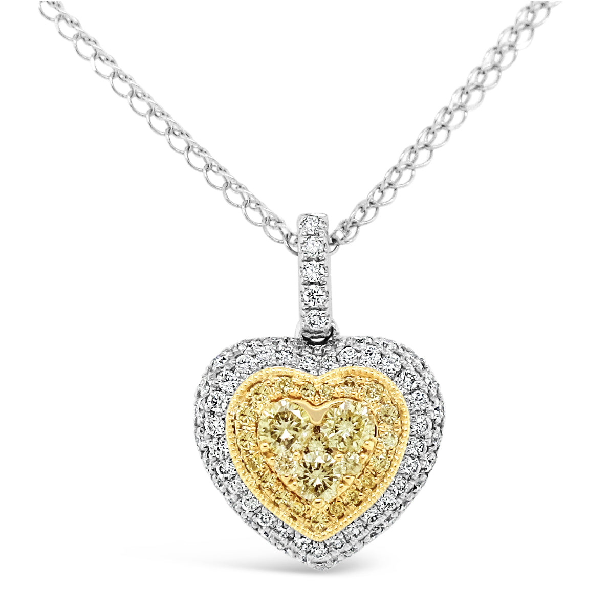 18k Two-tone Gold 5/8ct Fancy Yellow and White Diamond Heart Cluster Pendant Necklace