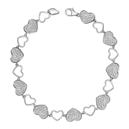 14k White Gold Pave-Set Cubic Zirconia Heart Bracelet