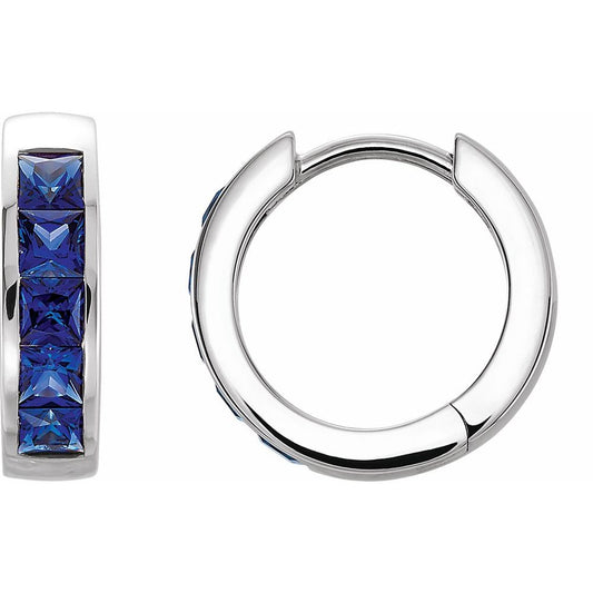 14k White Gold Lab-Grown Blue Sapphire Hoop Earrings