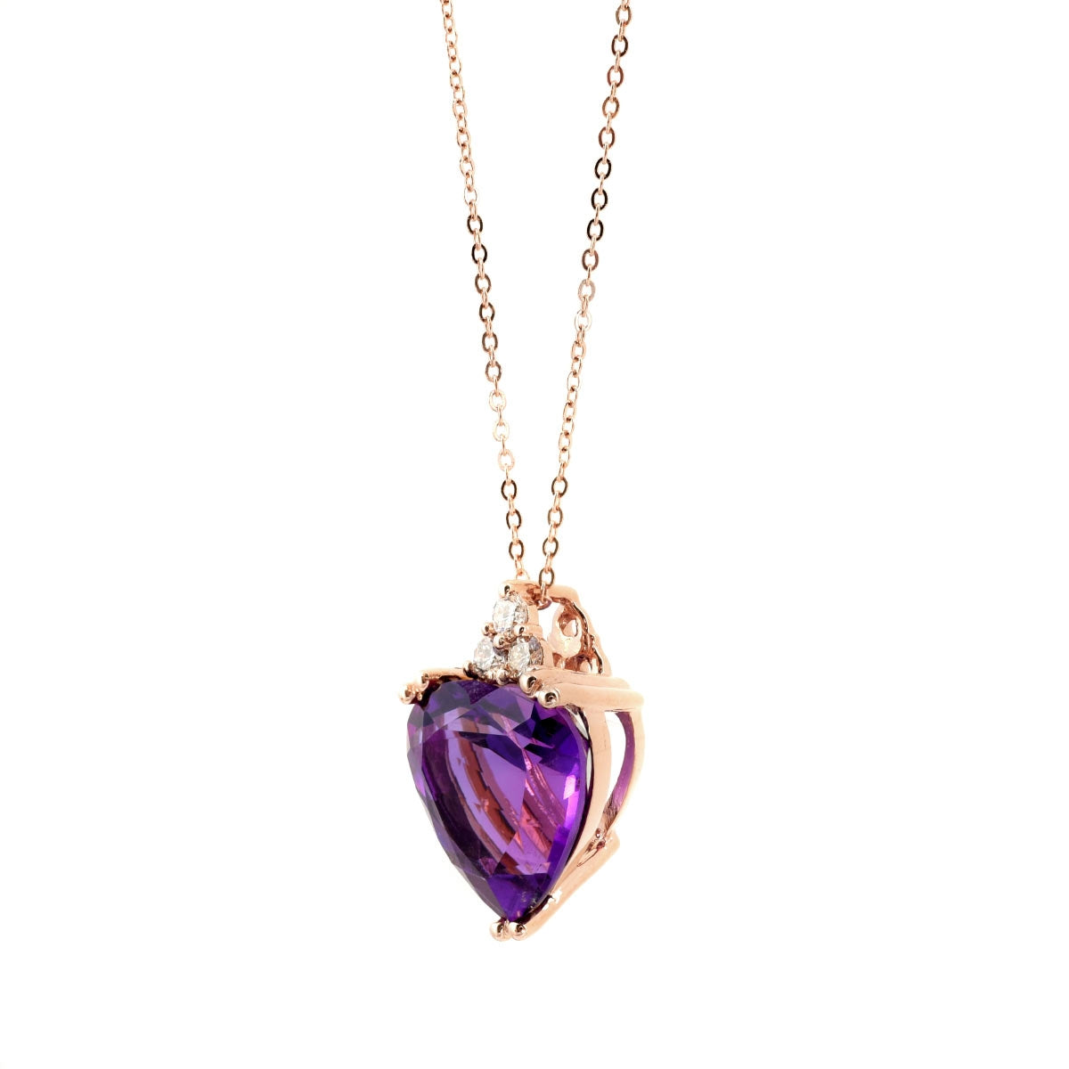 14K Rose Gold 4.38ct AAA Natural Amethyst and Diamond Heart Necklace