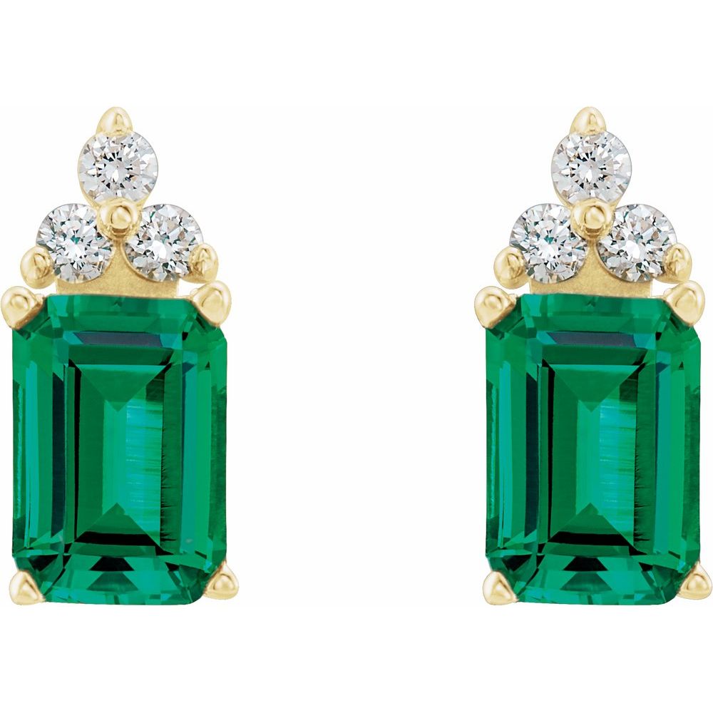 14k Yellow Gold Lab-Grown Emerald & 1/8 CTW Natural Diamond Earrings