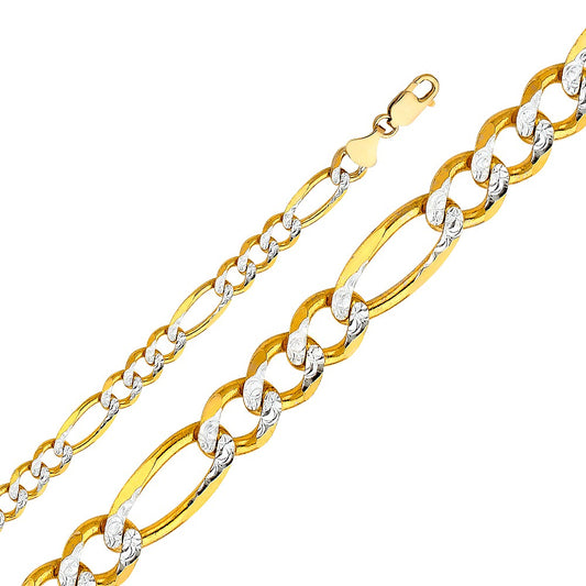 14k Two-tone Gold 8.6-mm Wide Regular White Pave 3+1 Figaro Chain 8.5 inch Bracelet