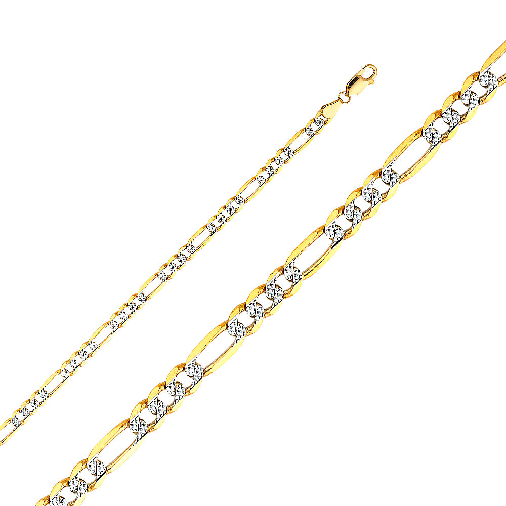 14k Two-tone Gold 4.6mm White Pave Light Figaro Unisex Chain Necklace