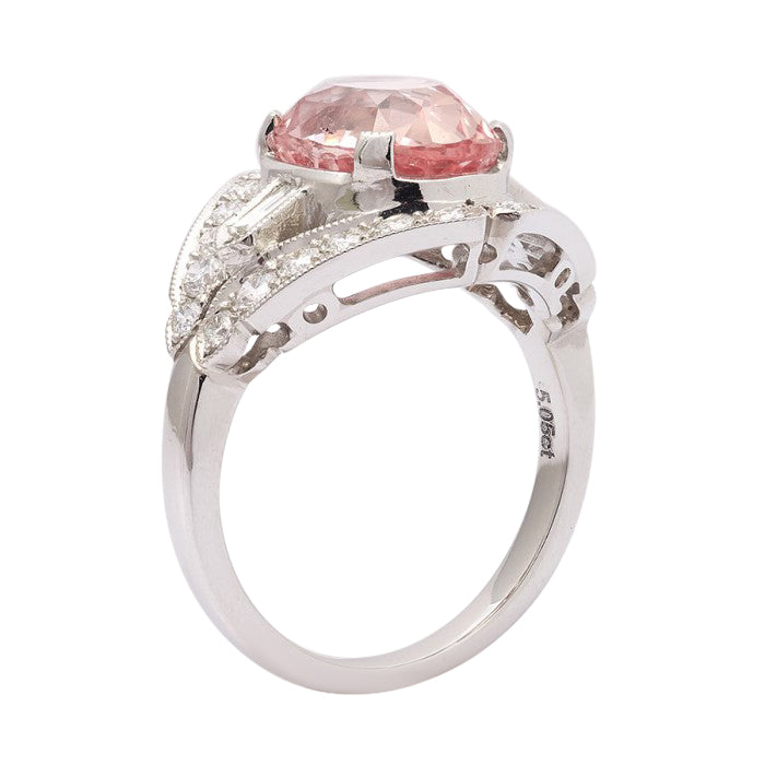 Platinum 5.85ct TGW Certified Padparadscha Sapphire and White Diamond One-of-a-Kind Ring