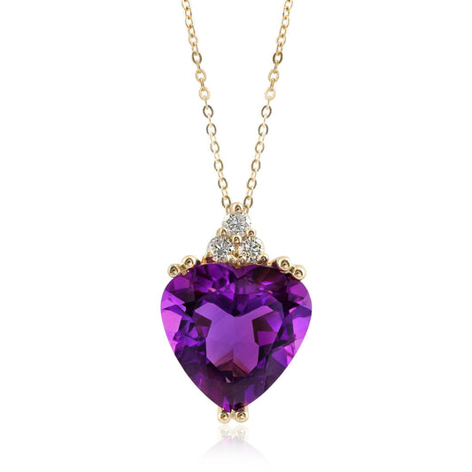 14K Yellow Gold 2.51ct AAA Natural Amethyst and Diamond Heart Necklace