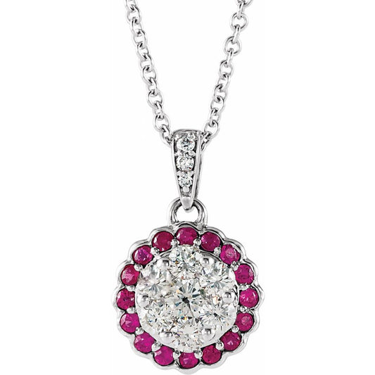 14k White Gold Natural Ruby & 1/3 CTW Natural Diamond 16-18" Necklace