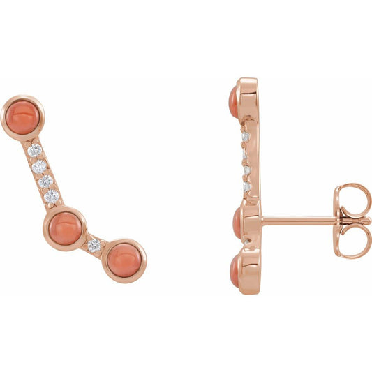 14k Rose Gold Natural Pink Coral & .01 CTW Natural Diamond Ear Climbers