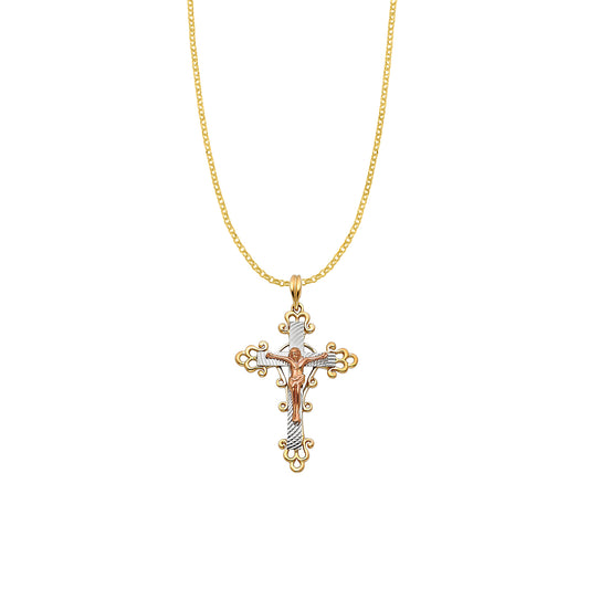 14k Tri-tone Gold Decorative Crucifix Cross Pendant with 1.6mm Rolo Chain