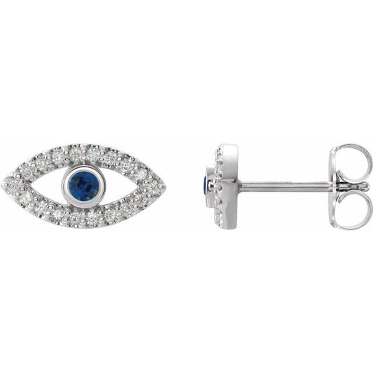 14K White Gold Natural Blue Sapphire & Natural White Sapphire Evil Eye Earrings