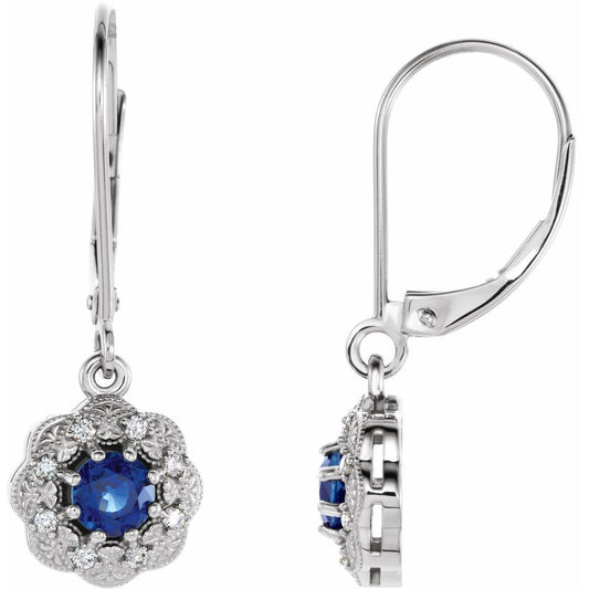 14k White Gold Natural Blue Sapphire & 1/10 CTW Natural Diamond Halo-Style Earrings