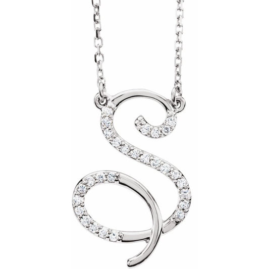 Unisex 14K White Gold 1/8 CTW White Diamond Natural Diamond Initial Necklace Initial S Pendant Necklace