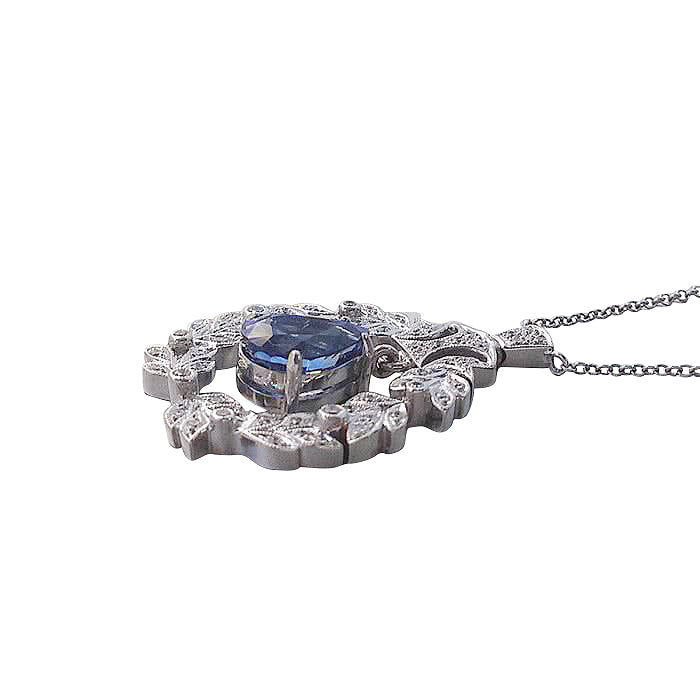 18K White Gold 2.4ct TGW Blue Sapphire and White Diamond Pendant Necklace