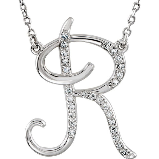 Unisex 14K White Gold 1/10 CTW White Diamond Natural Diamond Initial Necklace Initial R Pendant Necklace