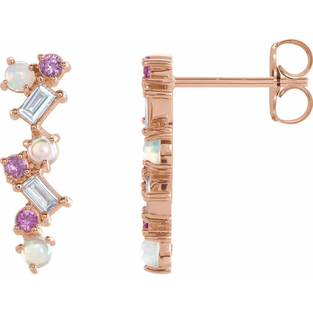 14k Rose Gold Natural Ethiopian Opal, Natural Pink Sapphire & 1/10 CTW Natural Diamond Scattered Bar Earrings