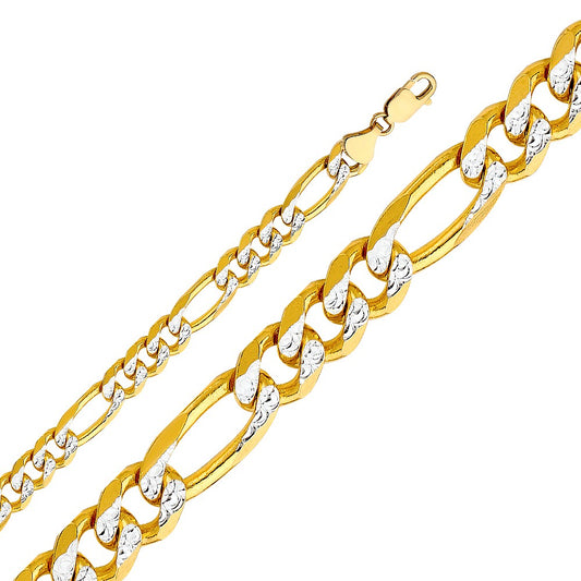 14k Two-tone Gold 9.5mm Wide Regular White Pave 3+1 Figaro Chain