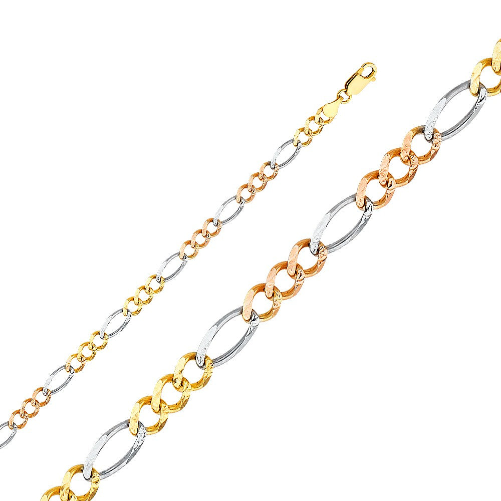 14k Tri-tone Gold 5.5mm Wide Regular Concave 3+1 Figaro Unisex Chain Bracelet (7.5")