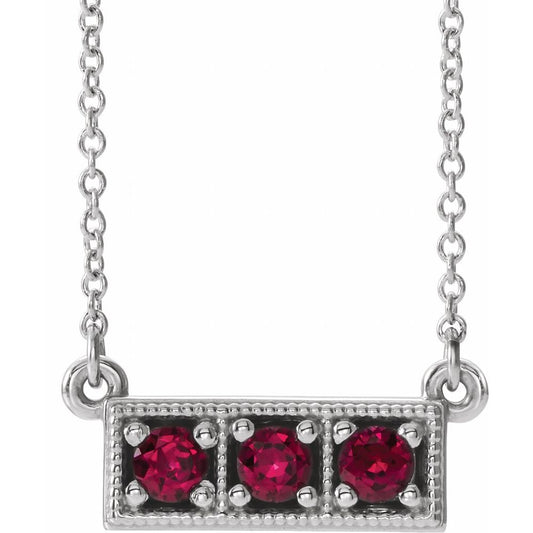 14k White Gold Natural Ruby Three-Stone Bar 16-18" Necklace