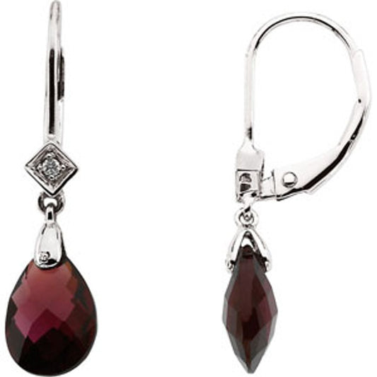 14k White Gold Briolette Natural Brazilian Garnet & .025 CTW Natural Diamond Earrings