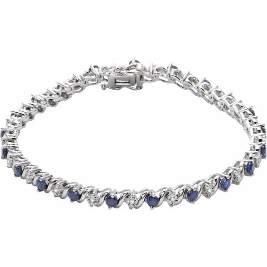 14k White Gold Lab-Grown Blue Sapphire & 1/10 CTW Natural Diamond Line 7" Bracelet