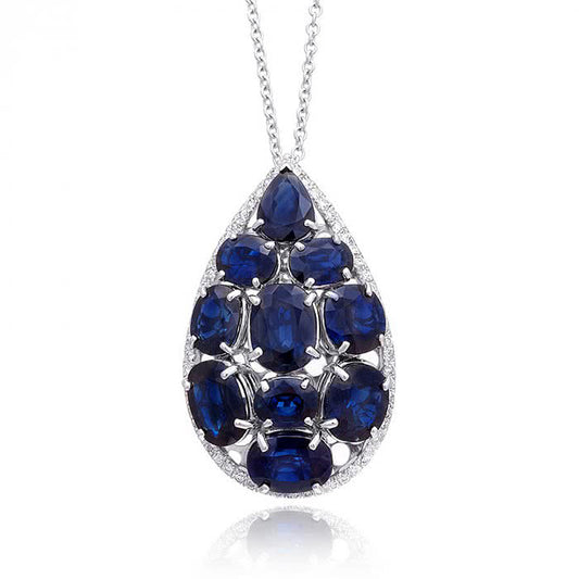 14 and 18K White Gold 17.52ct TGW Blue Sapphire and White Diamond Pendant Necklace