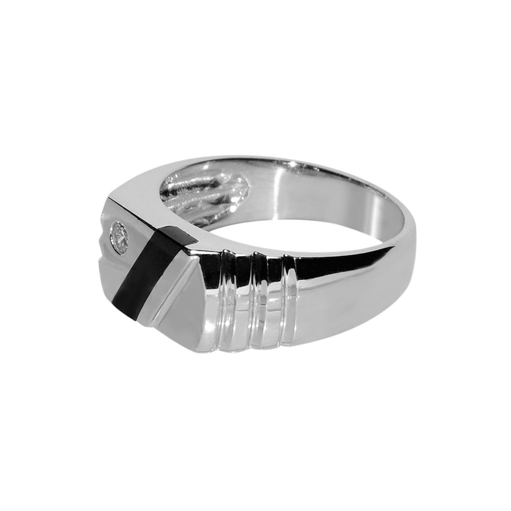 14k White Gold Gents Onyx and Cubic Zirconia Ring