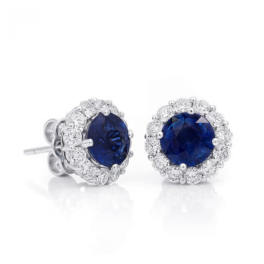 18K White Gold 3.7ct TGW Blue Sapphire and White Diamond Halo Stud Earrings