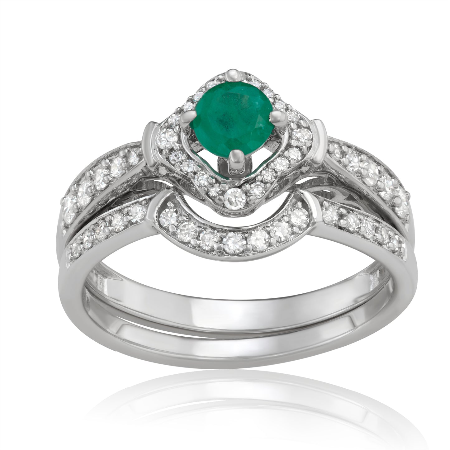 14K White Gold 1ct TW Emerald and Diamond Bridal Set