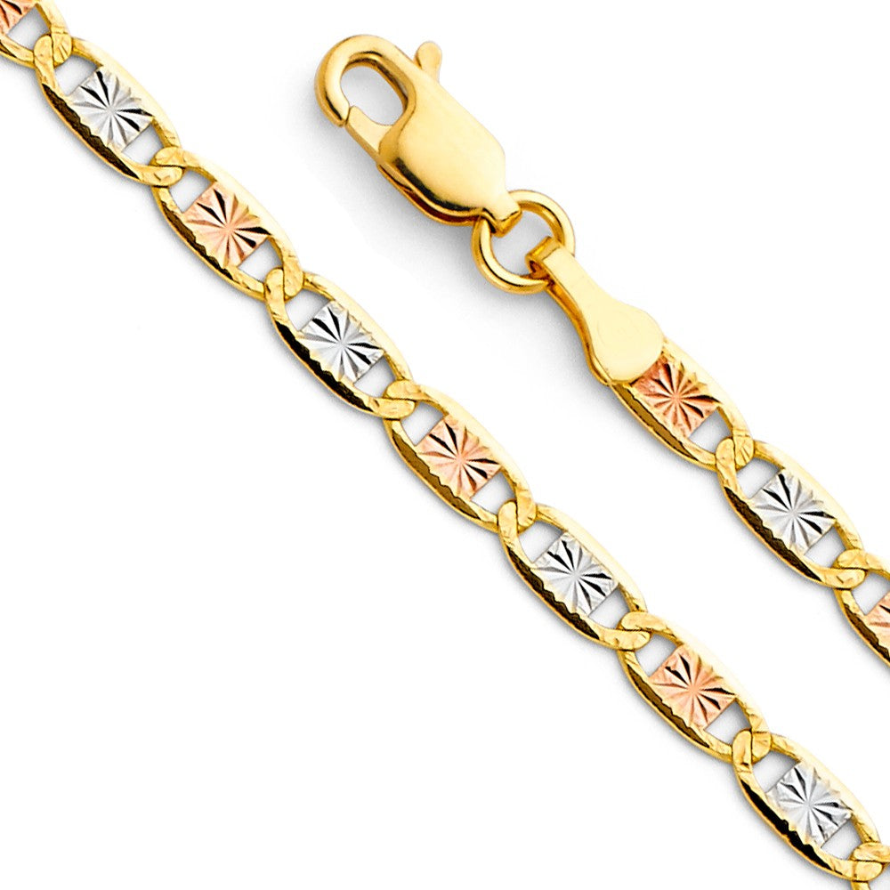 14k Tri-tone Gold 3.3mm Diamond-cut Star Valentino Unisex Chain Bracelet