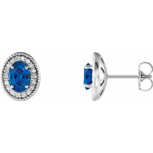 14k White Gold 6x4 mm Natural Blue Sapphire & 1/5 CTW Natural Diamond Halo-Style Earrings