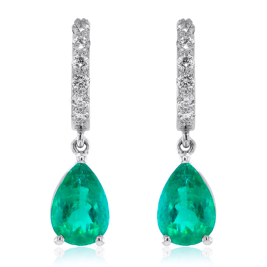 18K White Gold 3.14ct TGW Green Colombian Emeralds and Diamond One-of-a-Kind Earrings