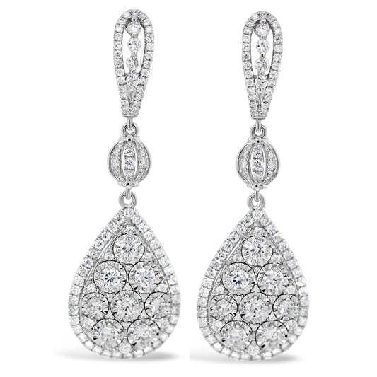 18k White Gold 1.67ct White Diamond Dangling Pear Cluster Earrings