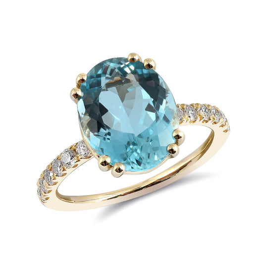 14K Yellow Gold 3.48 TGW Aquamarine and White Diamonds One-of-a-Kind Ring