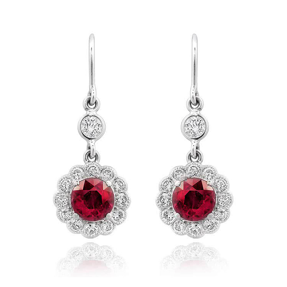 18K White Gold 2.87ct TGW Ruby and White Diamond Dangling Earrings