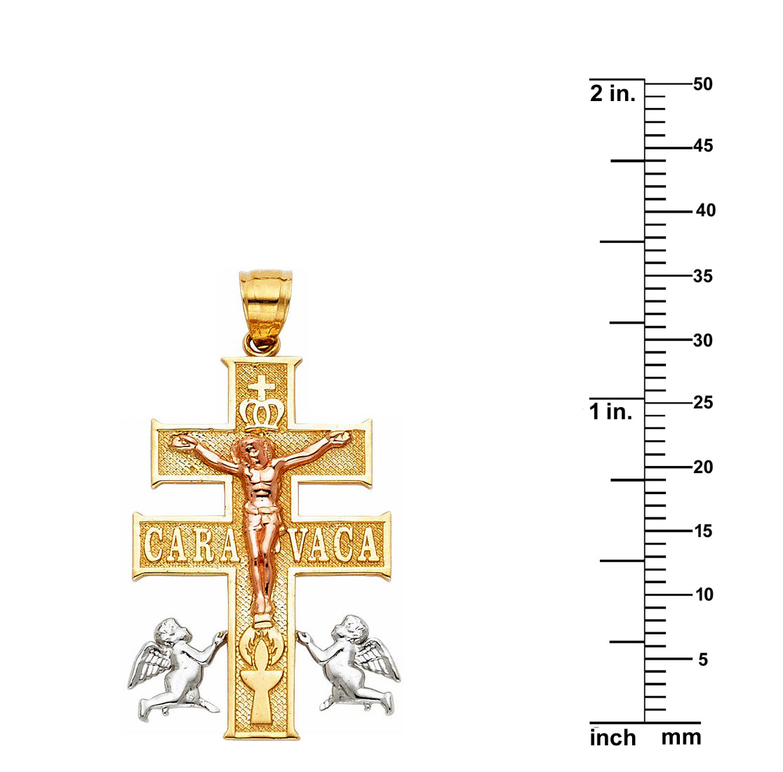 14k Tri-tone Gold Cross of Caravaca Pendant with 2mm Solid Rope Chain