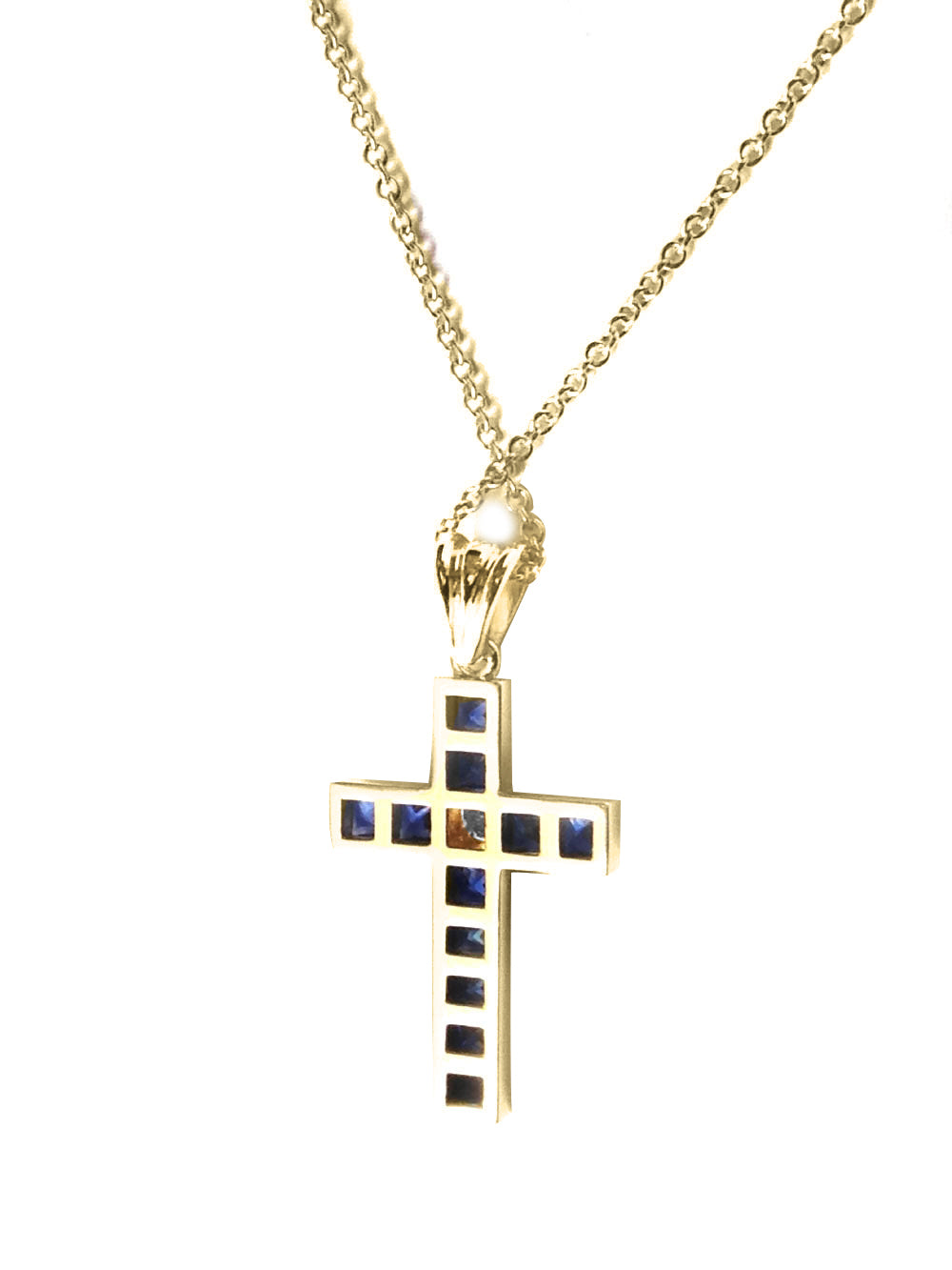 18K Yellow Gold 2.21ct TGW Blue Sapphire and Diamond Cross Necklace