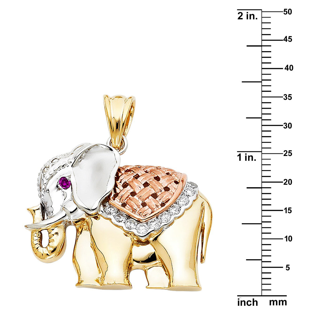 14k Tri-Tone Gold Cubic Zirconia Elephant Pendant