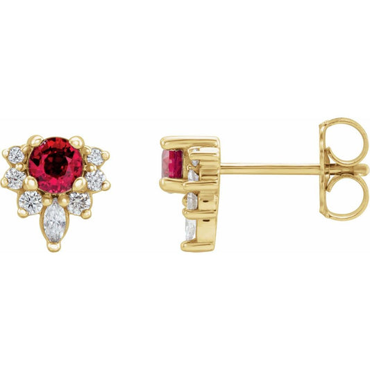 14k Yellow Gold Lab-Grown Ruby & 1/6 CTW Natural Diamond Earrings