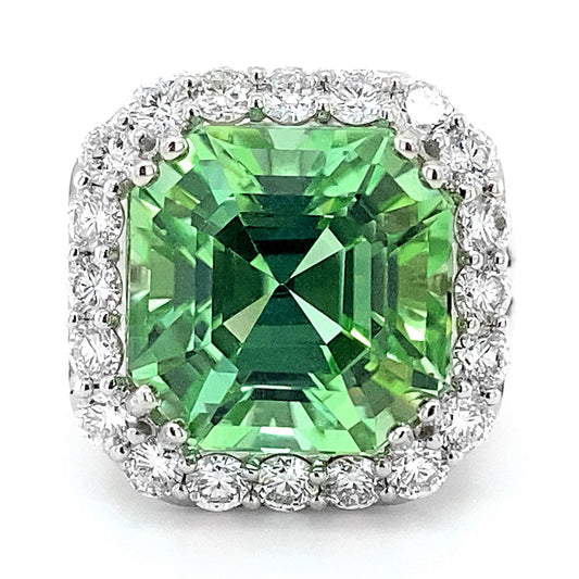 18K White Gold 13.92ct TGW Mint Green Tourmaline and Diamond Ring