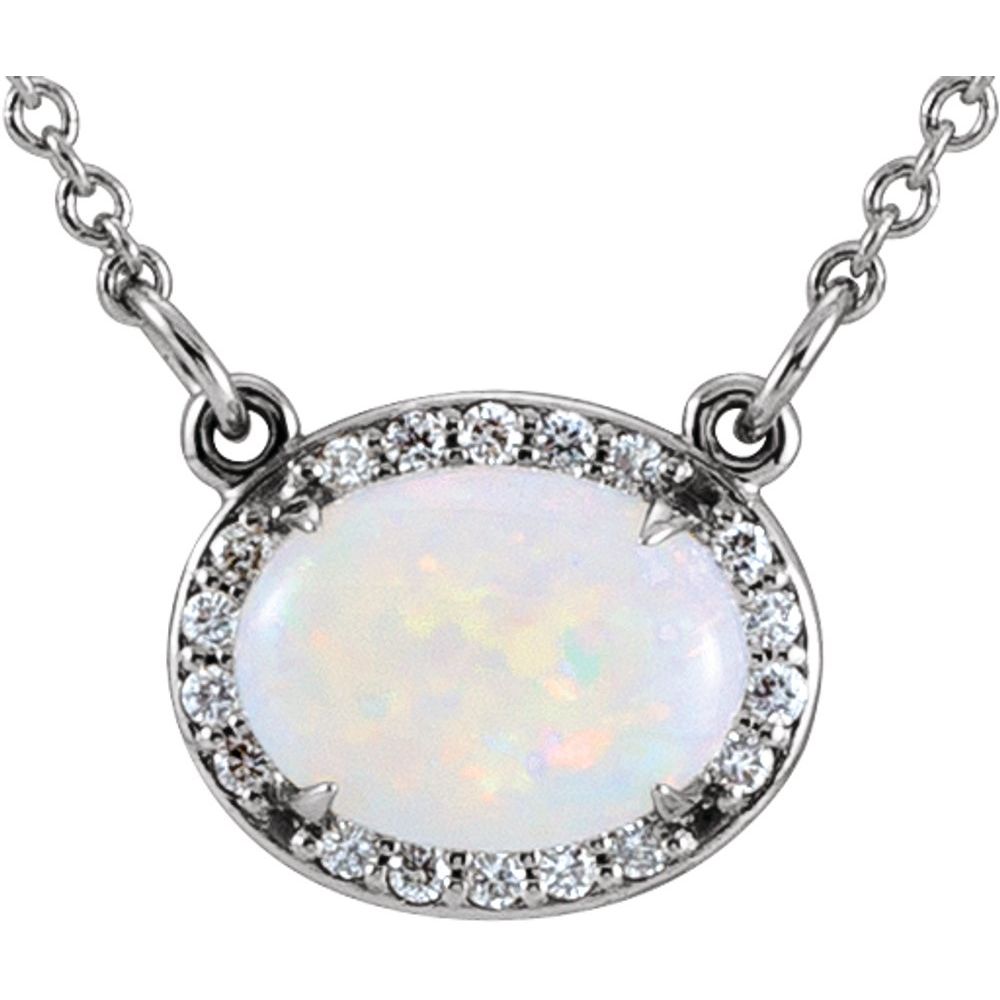 14k White Gold Natural White Opal & .07 CTW Diamond Halo-Style 16 1/2" Necklace