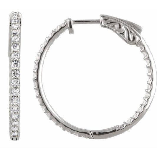 14k White Gold 26.5 mm 1 CTW Natural Diamond Inside-Outside Hinged Hoop Earrings