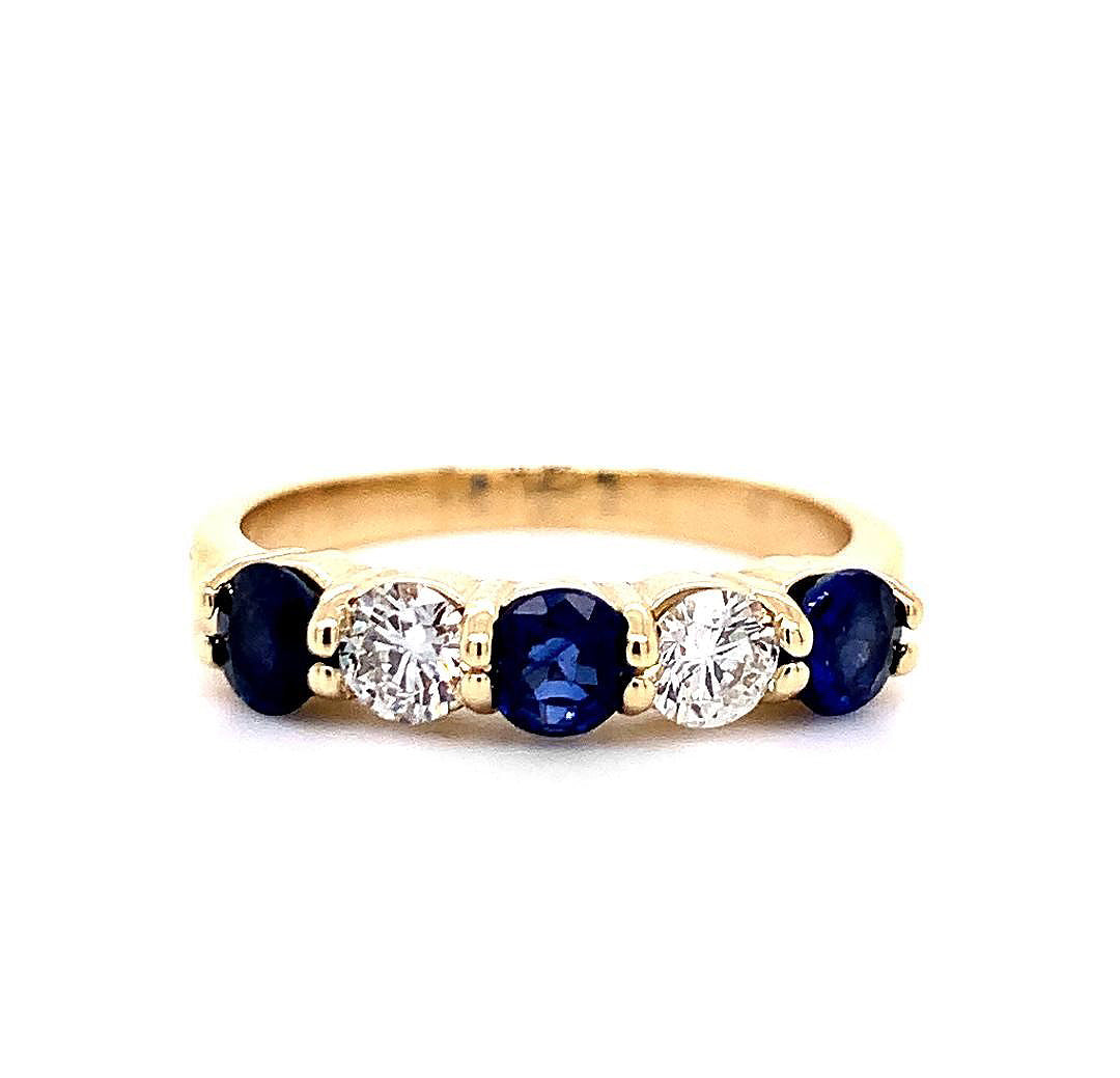 14k Yellow Gold 1.28ct TGW Blue Sapphire and White Diamond 5-Stone Ring