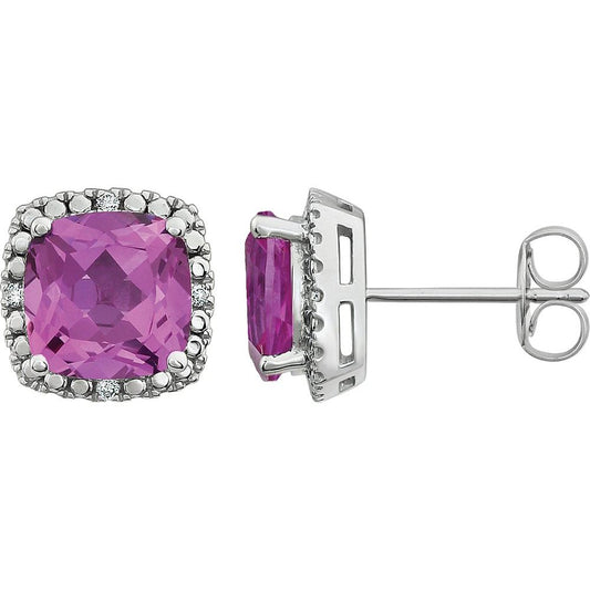 14k White Gold Lab-Grown Pink Sapphire & .06 CTW Natural Diamond Earrings