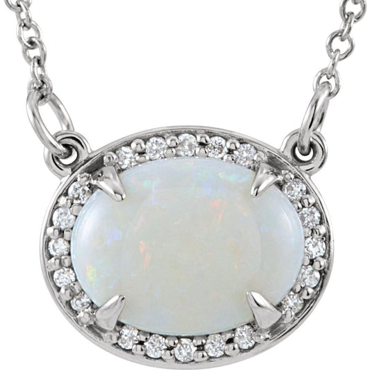 14k White Gold Natural White Opal & .05 CTW Diamond Halo-Style 16 1/2" Necklace