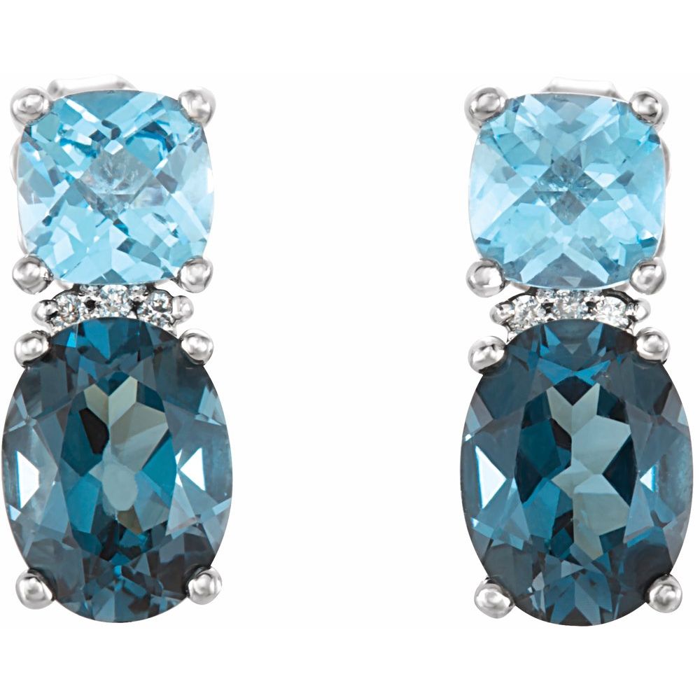 14k White Gold Natural London Blue Topaz, Natural Swiss Blue Topaz & .01 CTW Natural Diamond Earrings