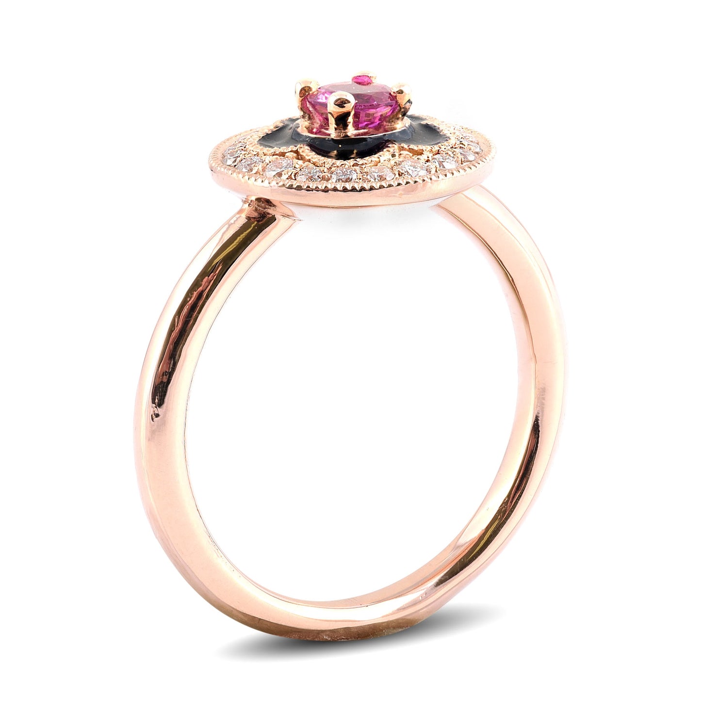 14K Rose Gold 0.46ct TGW Pink Sapphire and Diamond Enamel Halo Ring