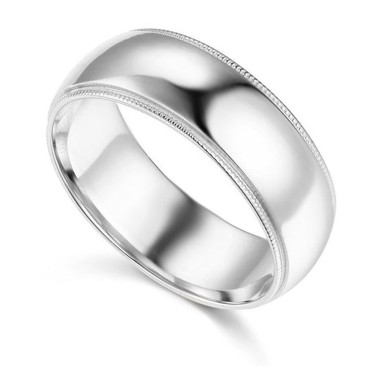 14k White Gold 7mm Unisex Standard-fit Polished Milgrain Wedding Band